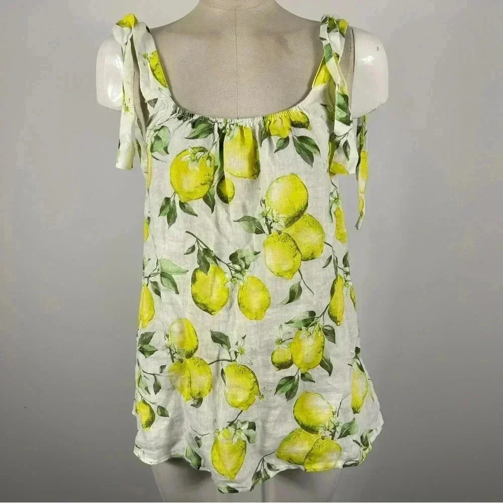 Linen-Blend Lemon Print Tie-Strap Tank Top - Yellow
